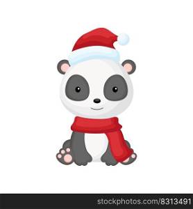 Cute little panda sitting in a Santa hat and red scarf. Cartoon animal character for kids t-shirts, nursery decoration, baby shower, greeting card, invitation. Isolated vector stock illustration