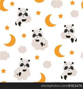 Cute little panda sleeping on cloud seamless childish pattern. Funny cartoon animal character for fabric, wrapping, textile, wallpaper, apparel. Vector illustration