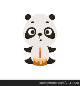 Cute little panda with birthday cake on white background. Cartoon animal character for kids cards, baby shower, invitation, poster, t-shirt composition, house interior. Vector stock illustration.