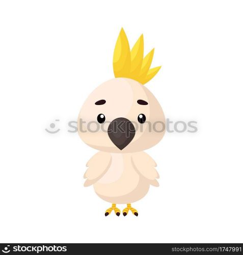 Cute little parrot on white background. Cartoon animal character for kids cards, baby shower, birthday invitation, house interior. Bright colored childish vector illustration in cartoon style.