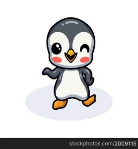 Cute little penguin cartoon waving hand