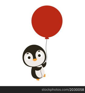 Cute little penguin flying on red balloon. Cartoon animal character for kids cards, baby shower, invitation, poster, t-shirt composition, house interior. Vector stock illustration.