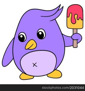 cute little penguin is carrying an ice cream stick