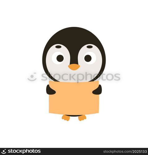 Cute little penguin keep paper sheet on white background. Cartoon animal character for kids cards, baby shower, invitation, poster, t-shirt composition, house interior. Vector stock illustration.