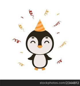 Cute little penguin on birthday hat on white background. Cartoon animal character for kids cards, baby shower, invitation, poster, t-shirt composition, house interior. Vector stock illustration.