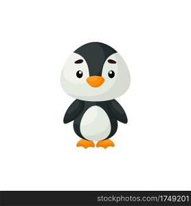 Cute little penguin on white background. Cartoon animal character for kids cards, baby shower, birthday invitation, house interior. Bright colored childish vector illustration in cartoon style.