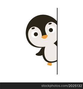 Cute little penguin peeking around the corner on white background. Cartoon animal character for kids cards, baby shower, invitation, poster, t-shirt composition, house interior. Vector stock illustration.