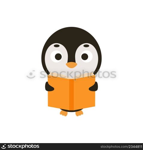 Cute little penguin read book on white background. Cartoon animal character for kids cards, baby shower, invitation, poster, t-shirt composition, house interior. Vector stock illustration.