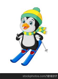 Cute little penguin skiing in winter clothes