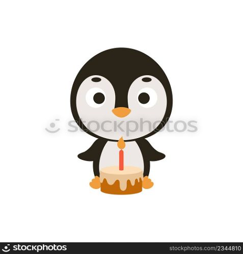 Cute little penguin with birthday cake on white background. Cartoon animal character for kids cards, baby shower, invitation, poster, t-shirt composition, house interior. Vector stock illustration.