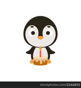 Cute little penguin with birthday cake on white background. Cartoon animal character for kids cards, baby shower, invitation, poster, t-shirt composition, house interior. Vector stock illustration.