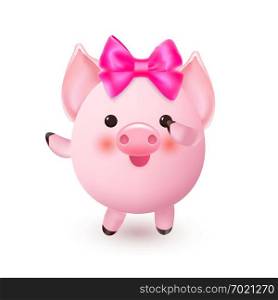 Cute little pig girl dancing a dubstep with funny bow. 2019 New Year symbol. Vector illustration
