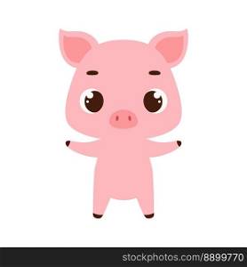 Cute little pig on white background. Cartoon animal character for kids cards, baby shower, invitation, poster, t-shirt composition, house interior. Vector stock illustration