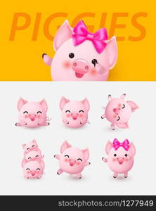 Cute little pig set. Chinese New Year mascot of the pig. Vector illustration.