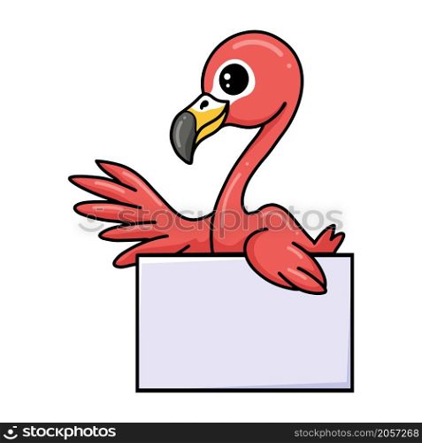 Cute little pink flamingo cartoon with blank sign