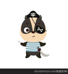 Cute little pirate badger with hook and blindfold. Cartoon animal character for kids t-shirts, nursery decoration, baby shower, greeting card, invitation, house interior. Vector stock illustration