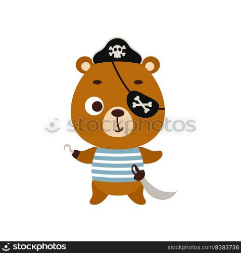 Cute little pirate bear with hook and blindfold. Cartoon animal character for kids t-shirts, nursery decoration, baby shower, greeting card, invitation, house interior. Vector stock illustration