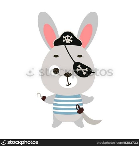 Cute little pirate bunny with hook and blindfold. Cartoon animal character for kids t-shirts, nursery decoration, baby shower, greeting card, invitation, house interior. Vector stock illustration