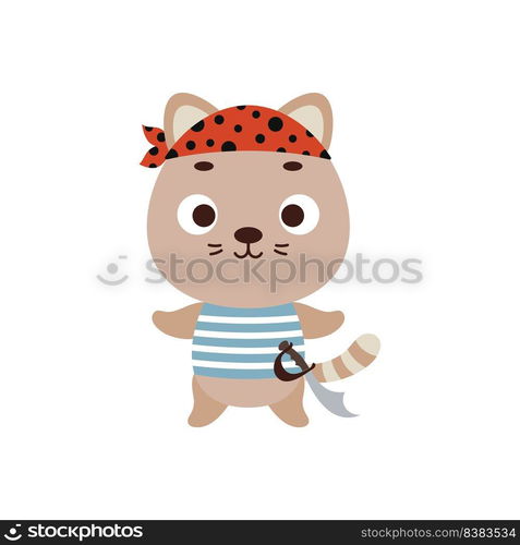 Cute little pirate cat. Cartoon animal character for kids t-shirts, nursery decoration, baby shower, greeting card, invitation, house interior. Vector stock illustration