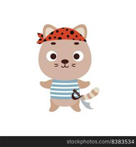Cute little pirate cat. Cartoon animal character for kids t-shirts, nursery decoration, baby shower, greeting card, invitation, house interior. Vector stock illustration