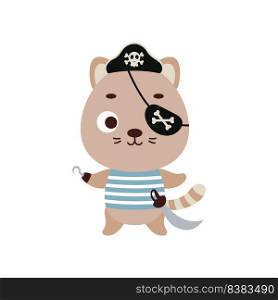 Cute little pirate cat with hook and blindfold. Cartoon animal character for kids t-shirts, nursery decoration, baby shower, greeting card, invitation, house interior. Vector stock illustration