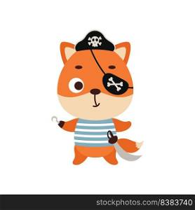 Cute little pirate fox with hook and blindfold. Cartoon animal character for kids t-shirts, nursery decoration, baby shower, greeting card, invitation, house interior. Vector stock illustration