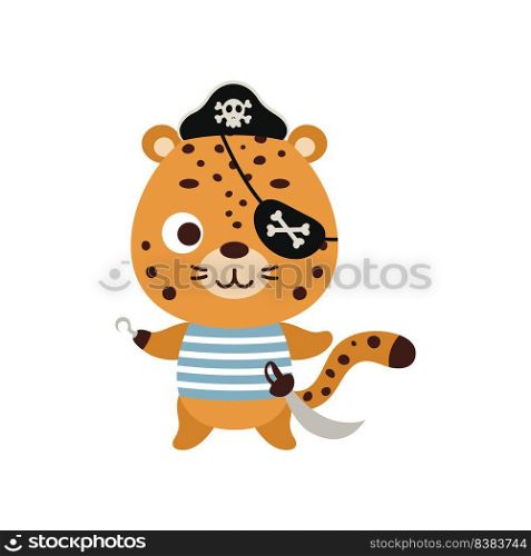 Cute little pirate jaguar with hook and blindfold. Cartoon animal character for kids t-shirts, nursery decoration, baby shower, greeting card, invitation, house interior. Vector stock illustration