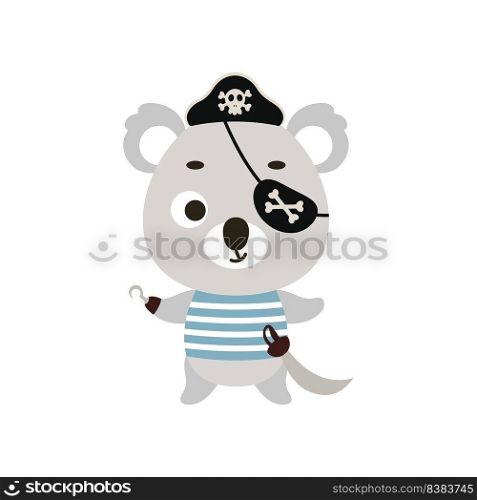 Cute little pirate koala with hook and blindfold. Cartoon animal character for kids t-shirts, nursery decoration, baby shower, greeting card, invitation, house interior. Vector stock illustration