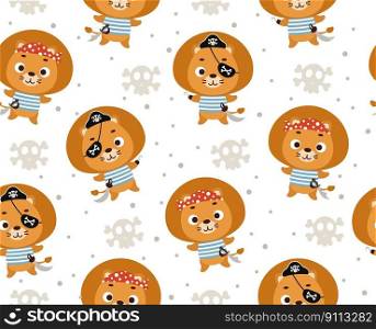 Cute little pirate lion seamless childish pattern. Funny cartoon animal character for fabric, wrapping, textile, wallpaper, apparel. Vector illustration