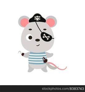 Cute little pirate mouse with hook and blindfold. Cartoon animal character for kids t-shirts, nursery decoration, baby shower, greeting card, invitation, house interior. Vector stock illustration