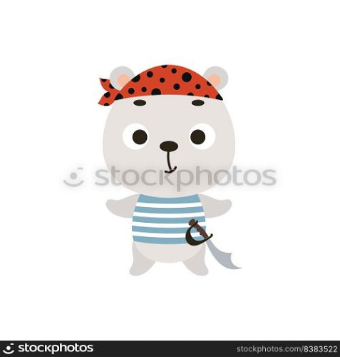 Cute little pirate polar bear. Cartoon animal character for kids t-shirts, nursery decoration, baby shower, greeting card, invitation, house interior. Vector stock illustration