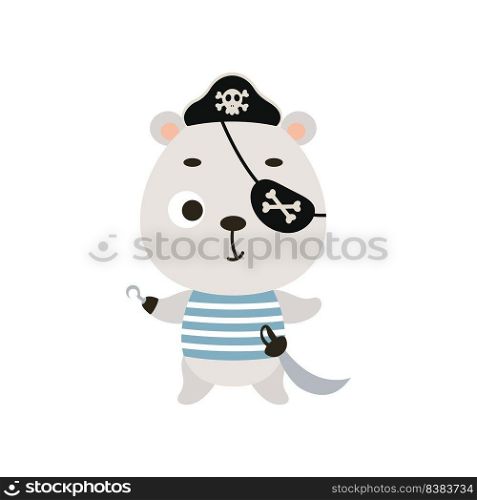 Cute little pirate polar bear with hook and blindfold. Cartoon animal character for kids t-shirts, nursery decoration, baby shower, greeting card, invitation, house interior. Vector stock illustration