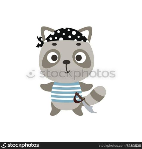 Cute little pirate raccoon. Cartoon animal character for kids t-shirts, nursery decoration, baby shower, greeting card, invitation, house interior. Vector stock illustration