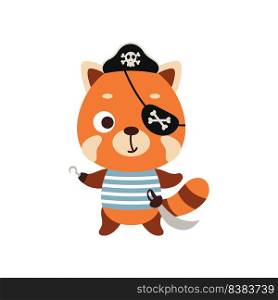 Cute little pirate red panda with hook and blindfold. Cartoon animal character for kids t-shirts, nursery decoration, baby shower, greeting card, invitation, house interior. Vector stock illustration