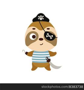 Cute little pirate sloth with hook and blindfold. Cartoon animal character for kids t-shirts, nursery decoration, baby shower, greeting card, invitation, house interior. Vector stock illustration