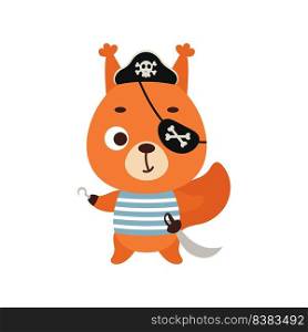 Cute little pirate squirrel with hook and blindfold. Cartoon animal character for kids t-shirts, nursery decoration, baby shower, greeting card, invitation, house interior. Vector stock illustration