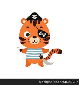 Cute little pirate tiger with hook and blindfold. Cartoon animal character for kids t-shirts, nursery decoration, baby shower, greeting card, invitation, house interior. Vector stock illustration