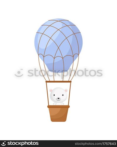 Cute little polar bear fly on blue hot air balloon. Cartoon character for childrens book, album, baby shower, greeting card, party invitation, house interior. Vector stock illustration.