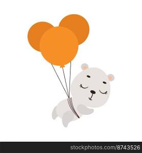 Cute little polar bear flying on balloons. Cartoon animal character for kids t-shirts, nursery decoration, baby shower, greeting card, invitation, house interior. Vector stock illustration