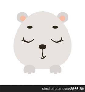 Cute little polar bear head with closed eyes. Cartoon animal character for kids t-shirts, nursery decoration, baby shower, greeting card, invitation, house interior. Vector stock illustration
