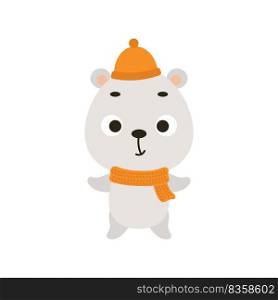 Cute little polar bear in hat and scarf. Cartoon animal character for kids t-shirts, nursery decoration, baby shower, greeting card, invitation, house interior. Vector stock illustration