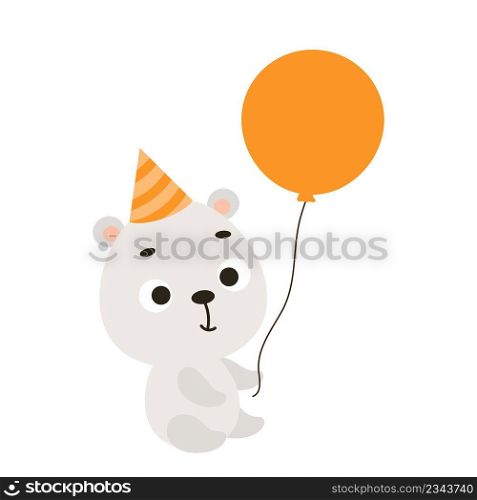 Cute little polar bear on birthday hat keep balloon on white background. Cartoon animal character for kids cards, baby shower, invitation, poster, t-shirt composition, decor. Vector stock illustration