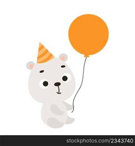 Cute little polar bear on birthday hat keep balloon on white background. Cartoon animal character for kids cards, baby shower, invitation, poster, t-shirt composition, decor. Vector stock illustration