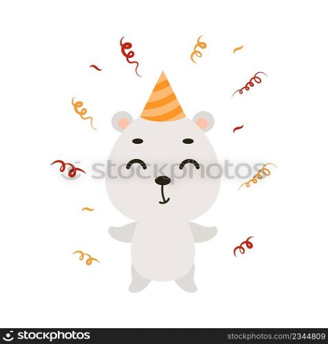 Cute little polar bear on birthday hat on white background. Cartoon animal character for kids cards, baby shower, invitation, poster, t-shirt composition, house interior. Vector stock illustration.