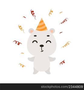 Cute little polar bear on birthday hat on white background. Cartoon animal character for kids cards, baby shower, invitation, poster, t-shirt composition, house interior. Vector stock illustration.