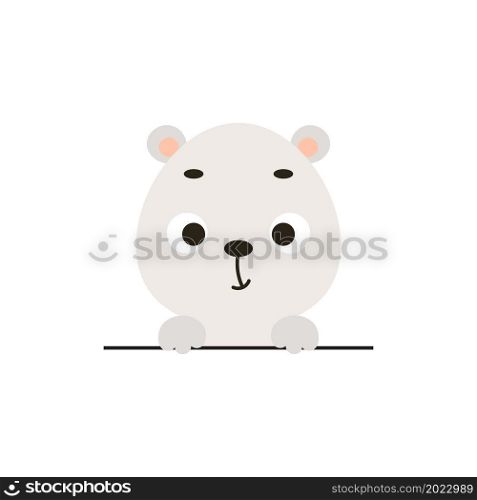 Cute little polar bear on white background. Cartoon animal character for kids cards, baby shower, invitation, poster, t-shirt composition, house interior. Vector stock illustration.