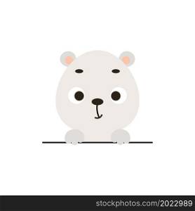 Cute little polar bear on white background. Cartoon animal character for kids cards, baby shower, invitation, poster, t-shirt composition, house interior. Vector stock illustration.