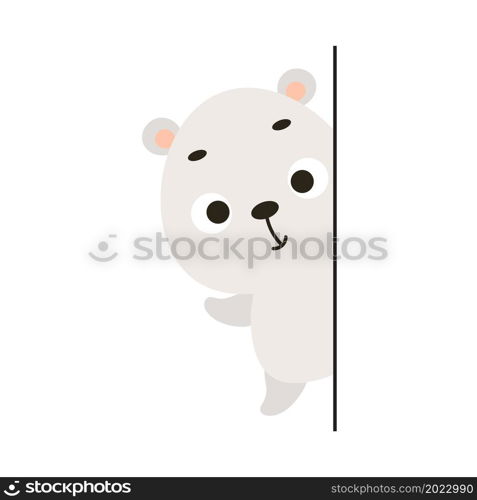 Cute little polar bear peeking around the corner on white background. Cartoon animal character for kids cards, baby shower, invitation, poster, t-shirt composition, house interior. Vector stock illustration.