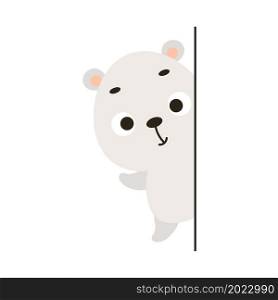 Cute little polar bear peeking around the corner on white background. Cartoon animal character for kids cards, baby shower, invitation, poster, t-shirt composition, house interior. Vector stock illustration.
