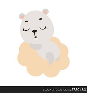 Cute little polar bear sleeping on cloud. Cartoon animal character for kids t-shirt, nursery decoration, baby shower, greeting cards, invitations, house interior. Vector stock illustration